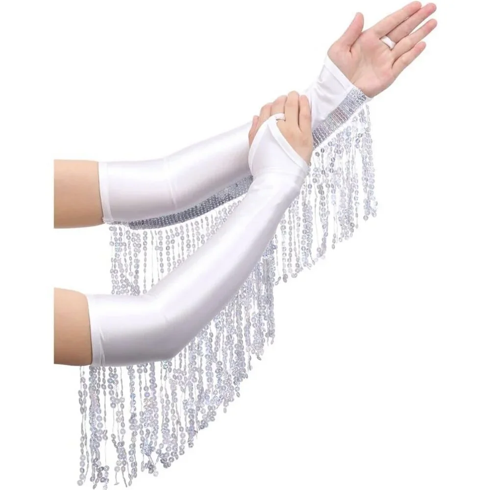 Long Satin Fingerless Gloves Sequin Tassel Elbow Length Wedding Halloween